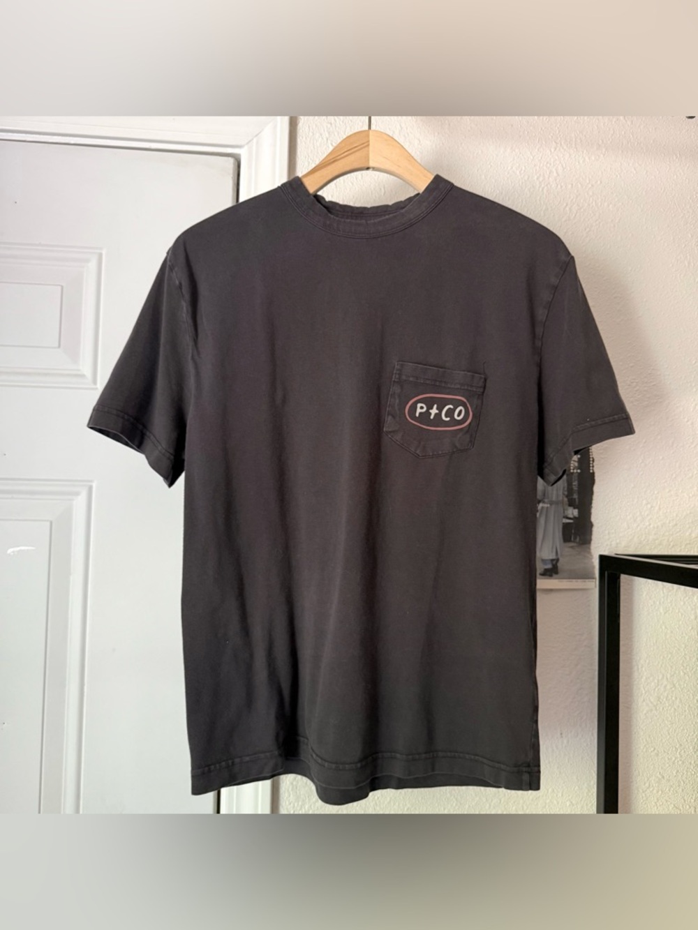 P&CO washed black graphic Mother Nature patch pocket crew neck tee t-shirt
